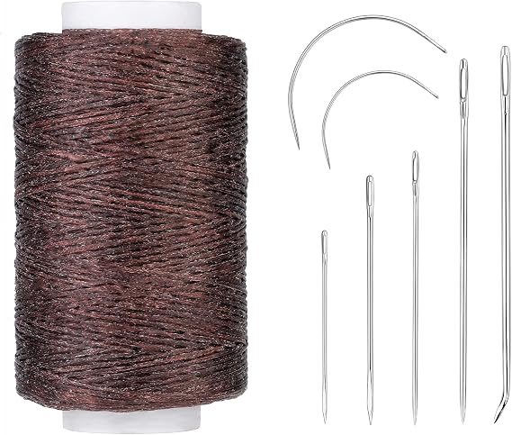 250m Leather Waxed Thread, 150D Upholstery Thread with Needles, Dark Brown