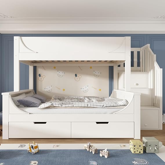 Solid Wood Triple Bunk Bed with 2 Drawers & Storage Staircase, 3FT Single 4FT6 Double Bunk Beds Children's Bed with Guardrail & Slatted Frame, Three Sleeper Loft Bed Frame for Kids Teens Adults, White