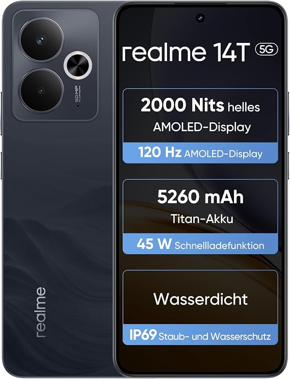 realme 14T 5G Smartphone 8+256GB Dimensity 6300 5G Chipset 6.67 Inch 120Hz AMOLED Esports Display 5260mAh Super Large Capacity IP69 Waterproof Surf Design Next Ai Obsidian Black (without Adapter)