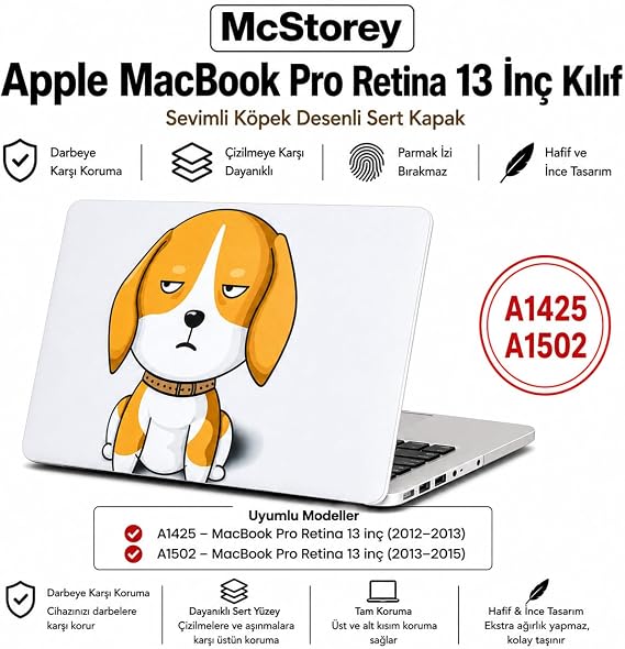 McStorey MacBook Pro Retina 13 İnç Kılıf A1425 A1502 Uyumlu Köpek Desenli Sert Kapak Kılıf Mat Hard Case İnce Hafif Çizilme Koruyucu Laptop Kılıfı Dog 62