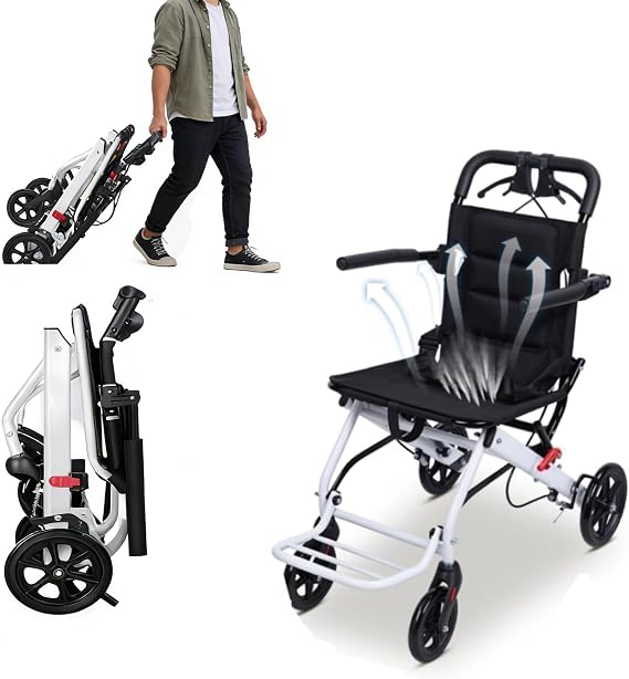 Lightweight Folding Wheelchair, Only 8.2kg,Portable Transport Wheelchairs with Adjustable Safety Strap 270° Flip-Back Armrests Removable Footrest,Ergonomic Transit Travel Chair for Adults and Seniors