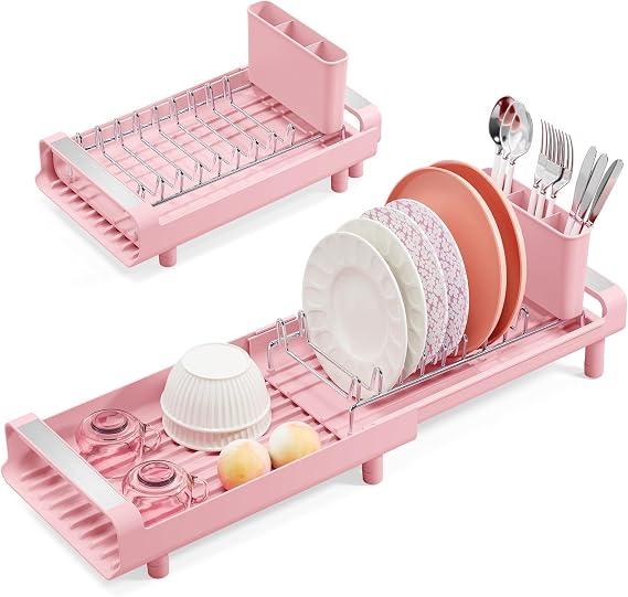 KINGRACK Small Expandable Dish Drainer Rack, Pink