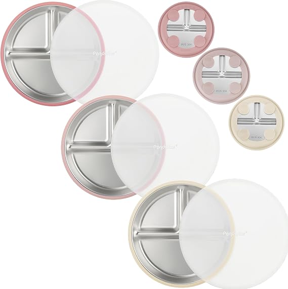 PandaEar 3 Pack Stainless Steel Toddler Plates with Lids for Girls, Divided Suction Plate for Baby Led Weaning, Non-Slip Baby Plates with Suction for Feeding