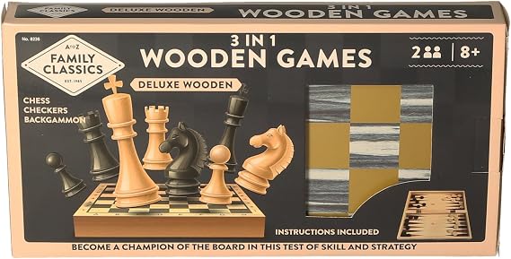Family Classics Deluxe 3-in-1 Wooden Board Games Set, Chess, Checkers and Backgammon, Ages 8+, Monochrome" Or "Brown