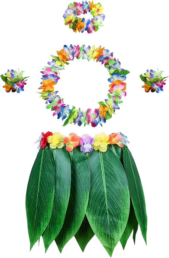 Leaf Hula Skirt with Hawaii Leis Grass Skirt and Artificial Hibiscus Flowers Costume for Beach Hawaiian Luau Tiki Party (Color 1)