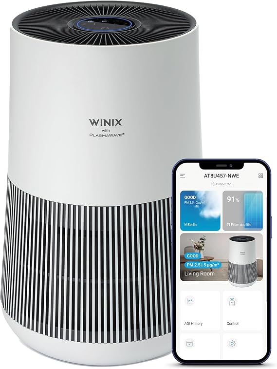 WINIX T500 WiFi hava temizleyici, alerjisi olanlar, CADR 250 m³/h, 50 ㎡, HEPA filtreli hava temizleyici, alerji, toz, polen, hayvan tüyleri, hava kalitesi geri bildirimi, Alexa modu