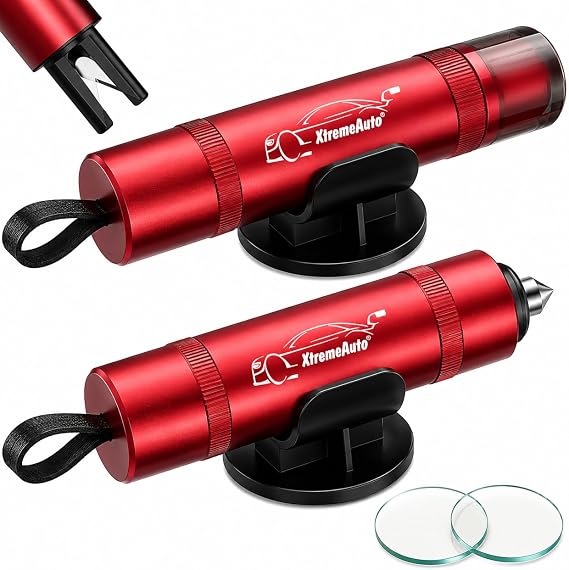 Xtremeauto 2 in 1 Car Emergency Escape Tool, Window Breaker & Seat Belt Cutter, Compact Safety Hammer for Car, Vehicle Glass Breaker Rescue Tool for Emergency Escape (Red)