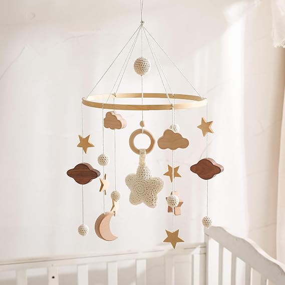 Baby Cot Mobile, Wooden Cloud Crochet Stars Moon & Ball Star Cot Mobiles, Nursery Decoration