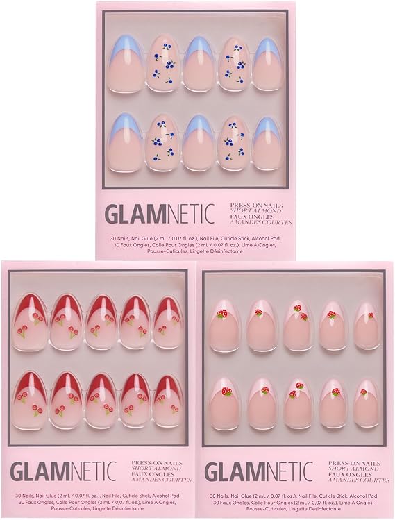 Glamnetic Press-On Nails Bundle - Berry Crush | 3 Short Almond Fake Nails with Cherry, Strawberry & Blueberry Details | Glossy Fruit-Inspired Designs | Durable, Salon-Quality Nail Kits