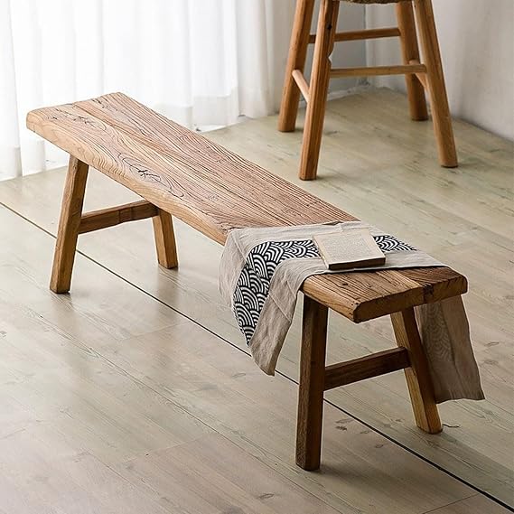 Elm Wood Vintage Teak Bench, Antique Interior Dining Bench, Long Seat, Living Room, Bedroom, Dining Room, Park, Office, Garden, Beauty, Long-lasting, Dining Table, Pine Material, Rustic Solid Wood