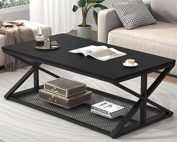 IBF Black Coffee Table with storage, Modern Wood Metal Rectangle Living Room Table, Industrial Middle Center Table with Mesh Shelf, Cocktail Tea Table for Kitchen Bedroom, Black Oak, 120 CM