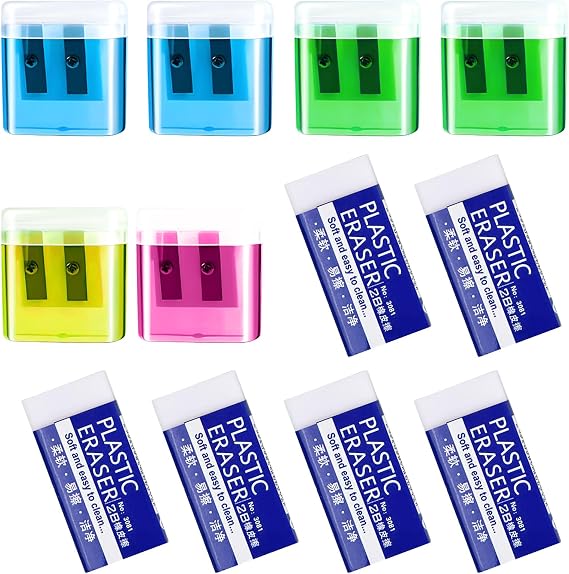 6 PCS Manual Pencil Sharpeners, Colorful Dual Holes Pencil Sharpener for Kids and 6PCS White Plastic Eraser, for Kids Students School Home Office