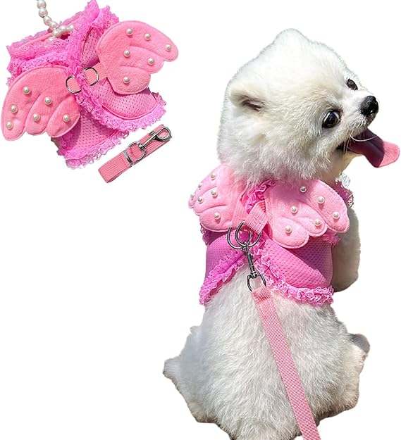 Hdkuw 犬用ハーネス リーシュセット付き エンジェルウィング付き犬用ハーネス 子犬用 ペットハーネスドレス 小型 中型犬 ピンク L