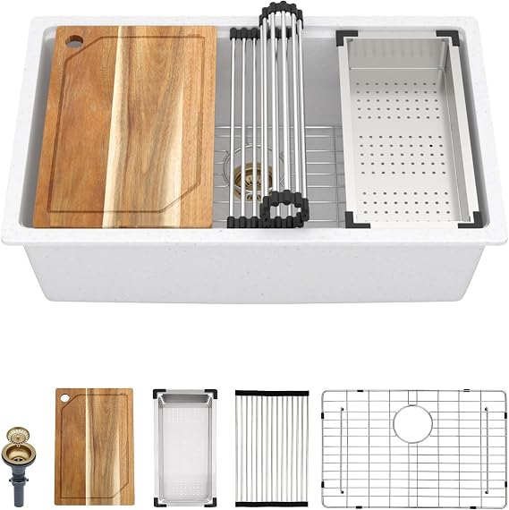 Granite Composite kitchen Sink 28 Inch White Undermount Workstation Kitchen Sink Single Bowl Quartz Large Deep Sink Basin with Gold Accessories, 28"x19"x9.65" #TLGU-106