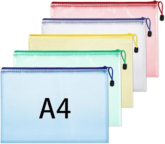 A4 Plastic Wallets, 5 Pack Zip Lock Bags Mesh Document Wallet File Folders