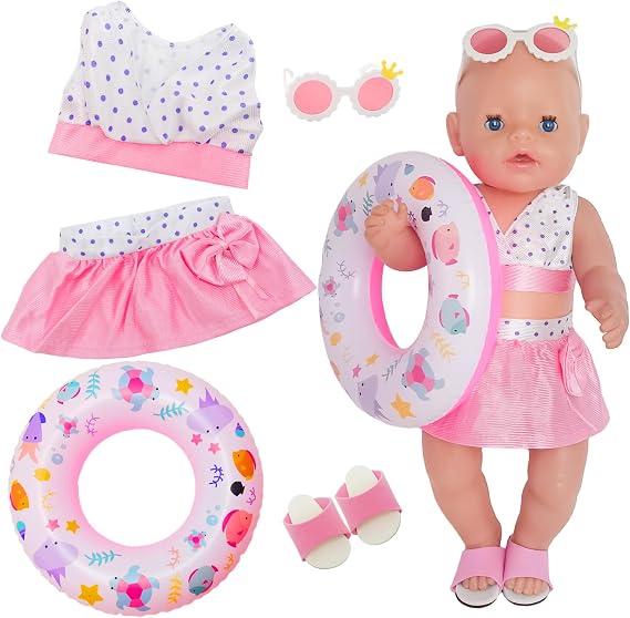 5 Pcs Baby Doll Clothes for 14-18 Inch Baby Doll, Sweet Baby New Doll Clothes Outfits 30-43cm Accessories with 1 Polka Dot Swimsuit 1 Swim Skirt 1 Swimming Ring 1 Sunglasses 1 Flip-Flops