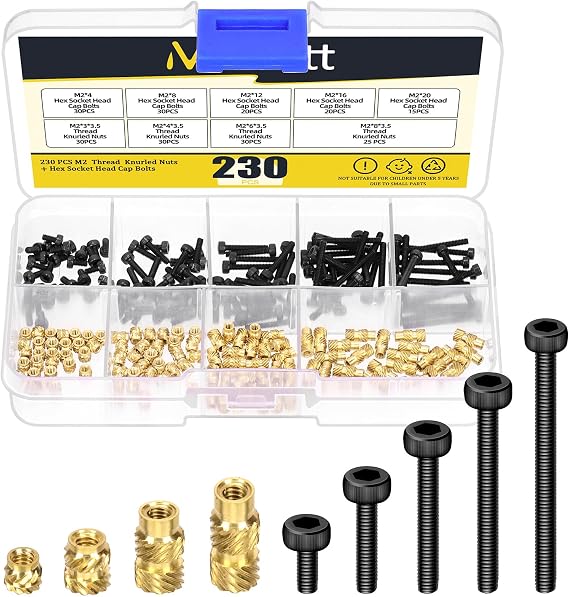230Pcs M2 Brass Threaded Inserts with Hex Socket Head Cap Screws Kit, Brass Heat Set Insert Metric Knurled Nuts & Machine Screws for Plastic 3D Printing Components