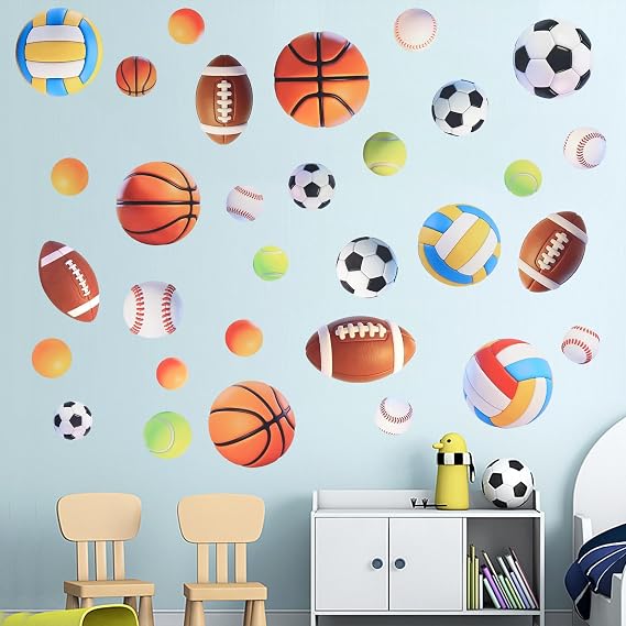 BLMHTWO Football Wall Stickers Sports Balls Wall Sticker Basketball Rugby Wall Stickers Sports Wallpaper Wall Decor Art for Boys Sports Room and Bedroom