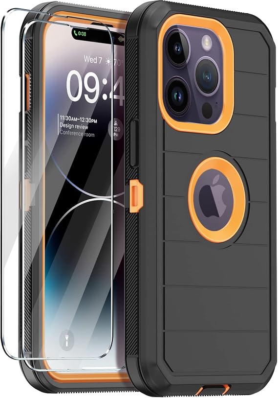 Annymall iPhone 14 Pro Max用ケース スクリーンプロテクター2枚付き フルボディ 耐衝撃 落下保護 防塵 高耐久 3層 ミリタリー 頑丈 耐久性のあるカバー Apple iPhone 14 Pro Max用 ブラック/オレンジ