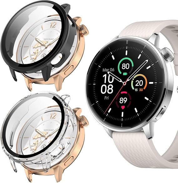2 Pack PC Case for OnePlus Watch 3 43mm With Tempered Glass Screen Protector, Full Coverage PC Hard Shockproof Protective Cover, Black+Transparent
