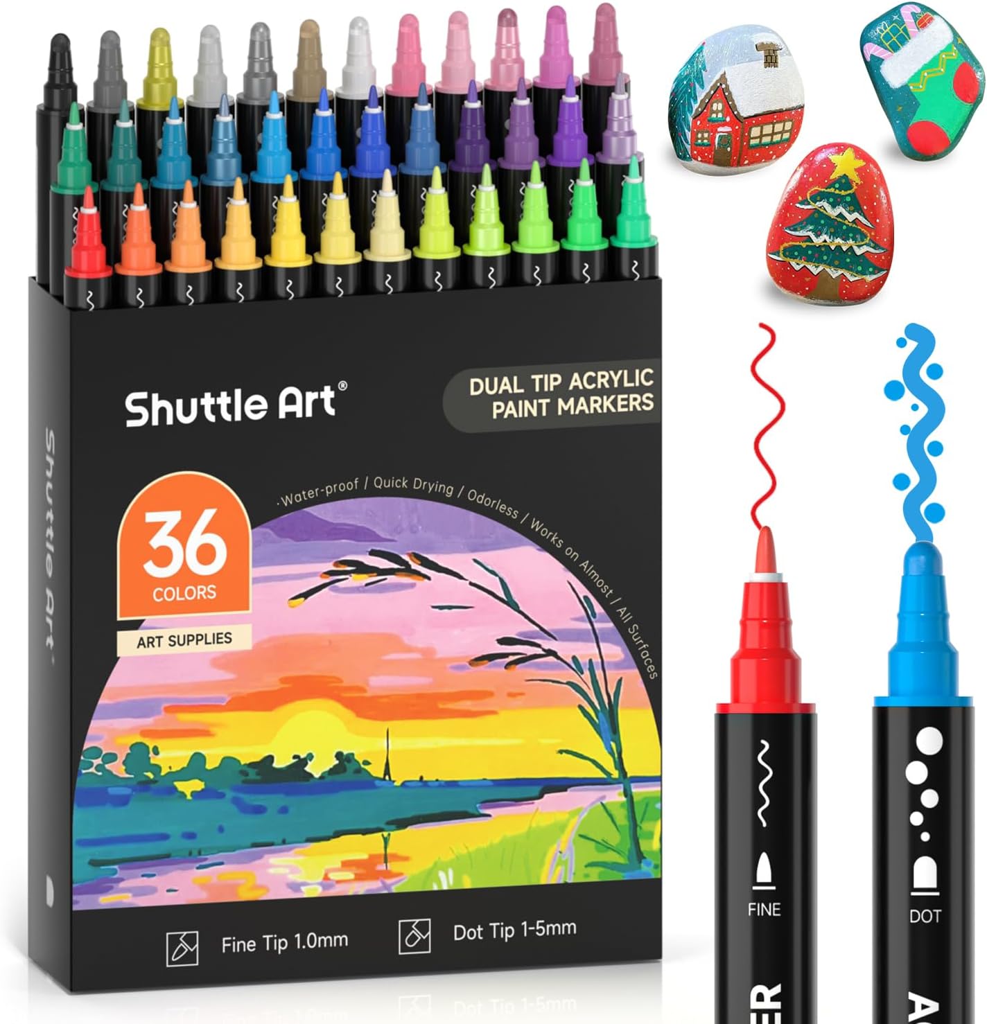 Shuttle Art Acrylic Pens for Stones Waterproof 36 Colours Stones Painting Pen Set Double Headed Acrylic Markers with Dot & Fine Tip Acrylic Pens for Wood Easter Eggs Glass Ceramic Canvas