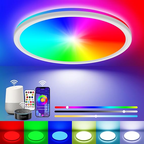 Peasur Smart RGB LED Ceiling Light Dimmable, 24W 3000K-6500K Bathroom Light 16 Million Colors Changing with Remote and APP Control, 30CM Ceiling Lamps for Bedroom, Living Room, Kitchen [Energy Class E]