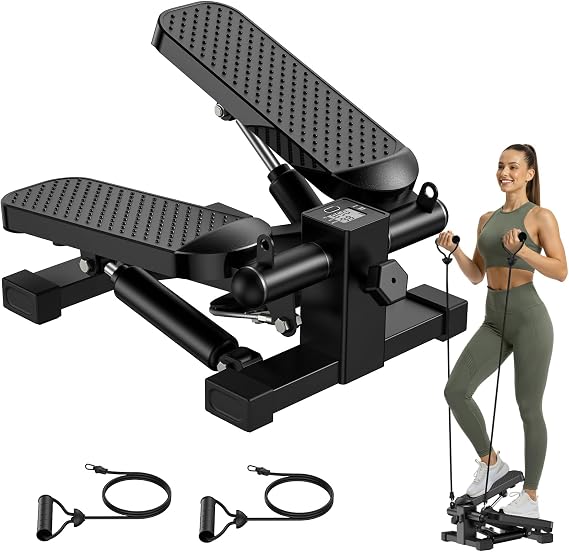 HOELLL Mini Stair Stepper with Resistance Bands for Exercise at Home, Portable Under Desk Twist Steppers for Office, Workout Equipment for Full Body Workout, 220lb Weight Capacity, LED Display