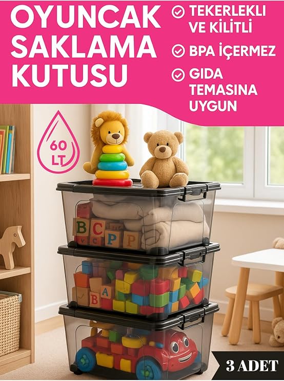 60 LT Toy Storage Box with Lid 3’ Set – Wheel Lock BPA Free Kids Room Organizer Black