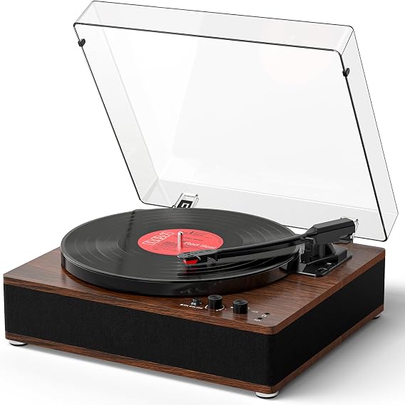 Vinyl Record Player with Bluetooth Input & Output, Built-in Stereo Speakers, 3-Speed Turntable LP Player, Full-Size Vintage Vinyl Player, Counterweight, AUX/RCA/Headphone Jack, Walnut