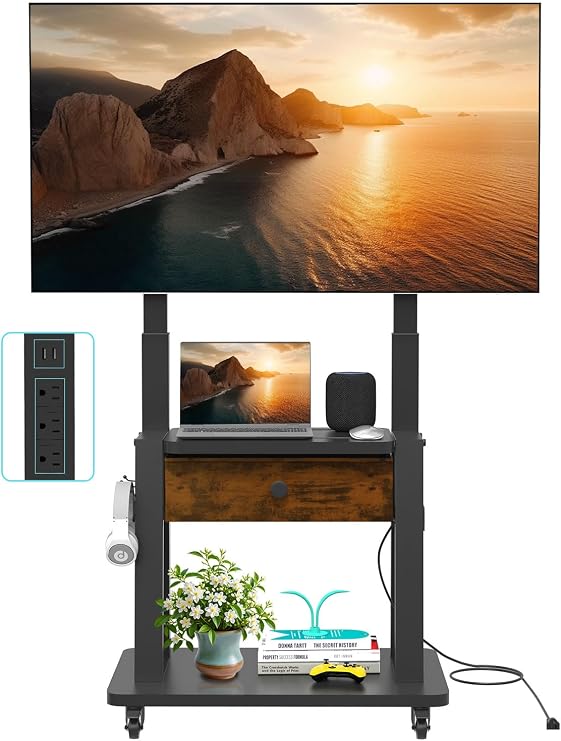 ローリングテレビスタンド 電源コンセントとファブリック引き出し付き 32~75インチ フラット/カーブスクリーン 最大220ポンド LCD/LED/OLED 高さ調節可能 モバイルテレビカート キャスター付き ホームオフィス Max VESA 600x400mm