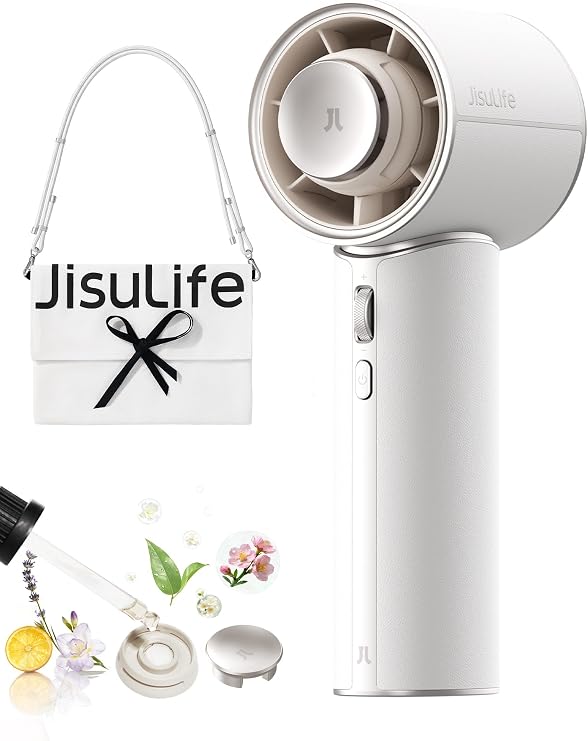 JISULIFE Portable Mini Turbo Fan with Premium PU Leather - Up to 30 Hours Cooling Time - 1-100 Speed - USB Travel Fan - White