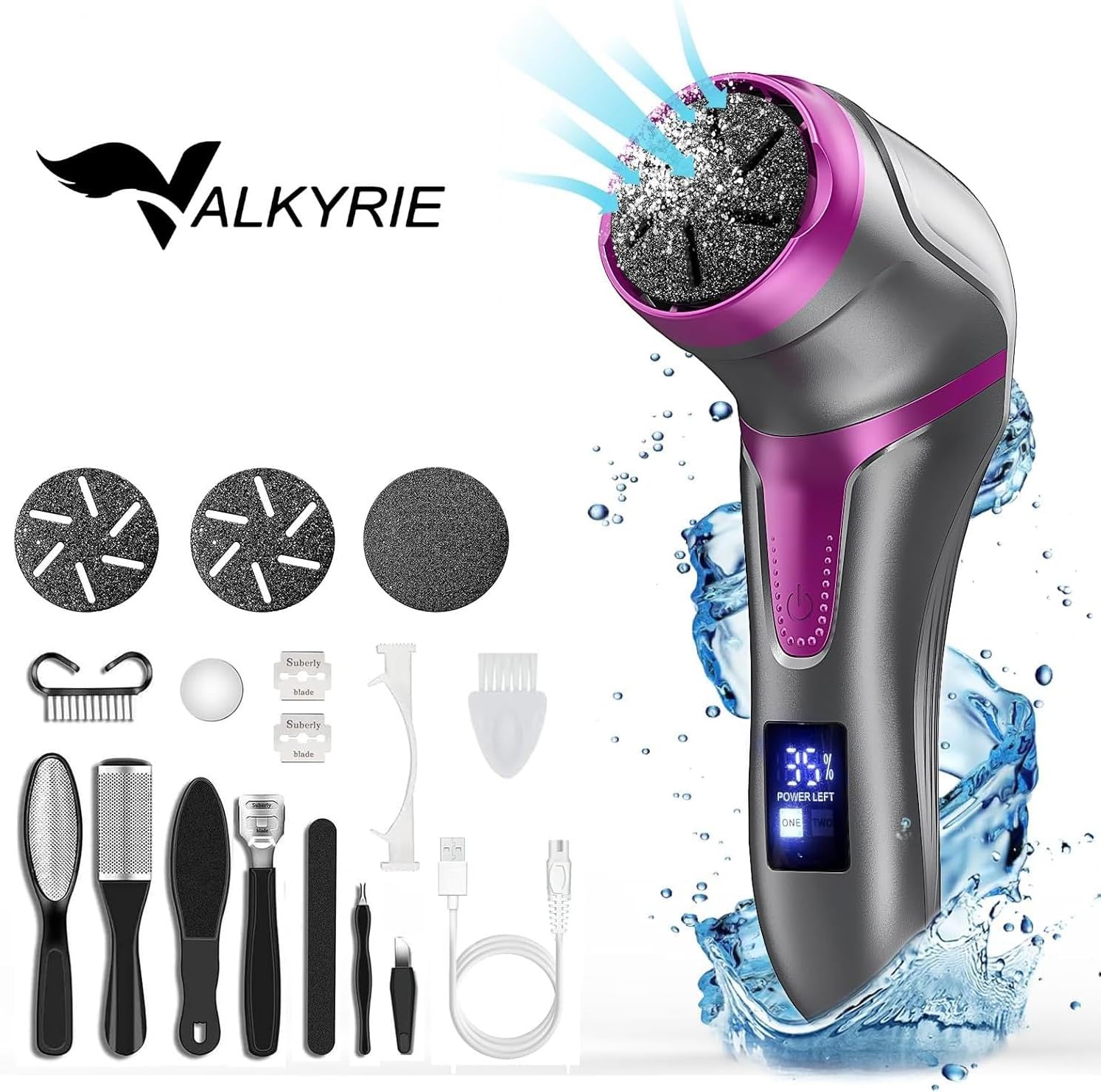 Valkyrie Profesyonel Ayak Bakım Cihazı 360° Dönen Başlık Dijital Ekranlı, Şarjlı & 10 Parça Pedikür Kiti Mor