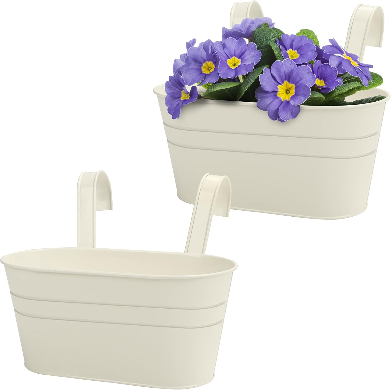 BELLE VOUS 2 Pack Cream Metal Hanging Flower Planter - 27 x 12cm  10.63 x 4.72 Inches - Bucket Pots with Detachable Hooks - Home, Garden, Balcony & Fence - Decorative Plant Holders