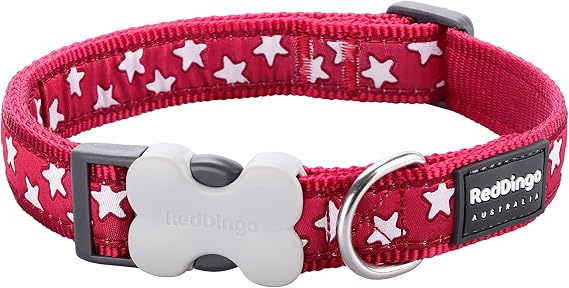 Red Dingo Bucklebone Dog Collar Design, Stars White on Red, X-Small 12mm