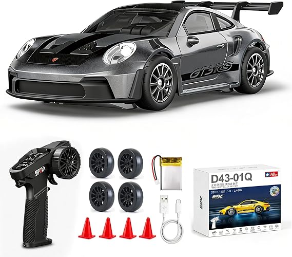 ARRIS 1/43 Scale RC Drift Car, Mini 911 RC Model Car 2.4GHz 4WD RC Alloy Vehicles with Gyro for LED Lights for Adults Hobby Toys (Grey)