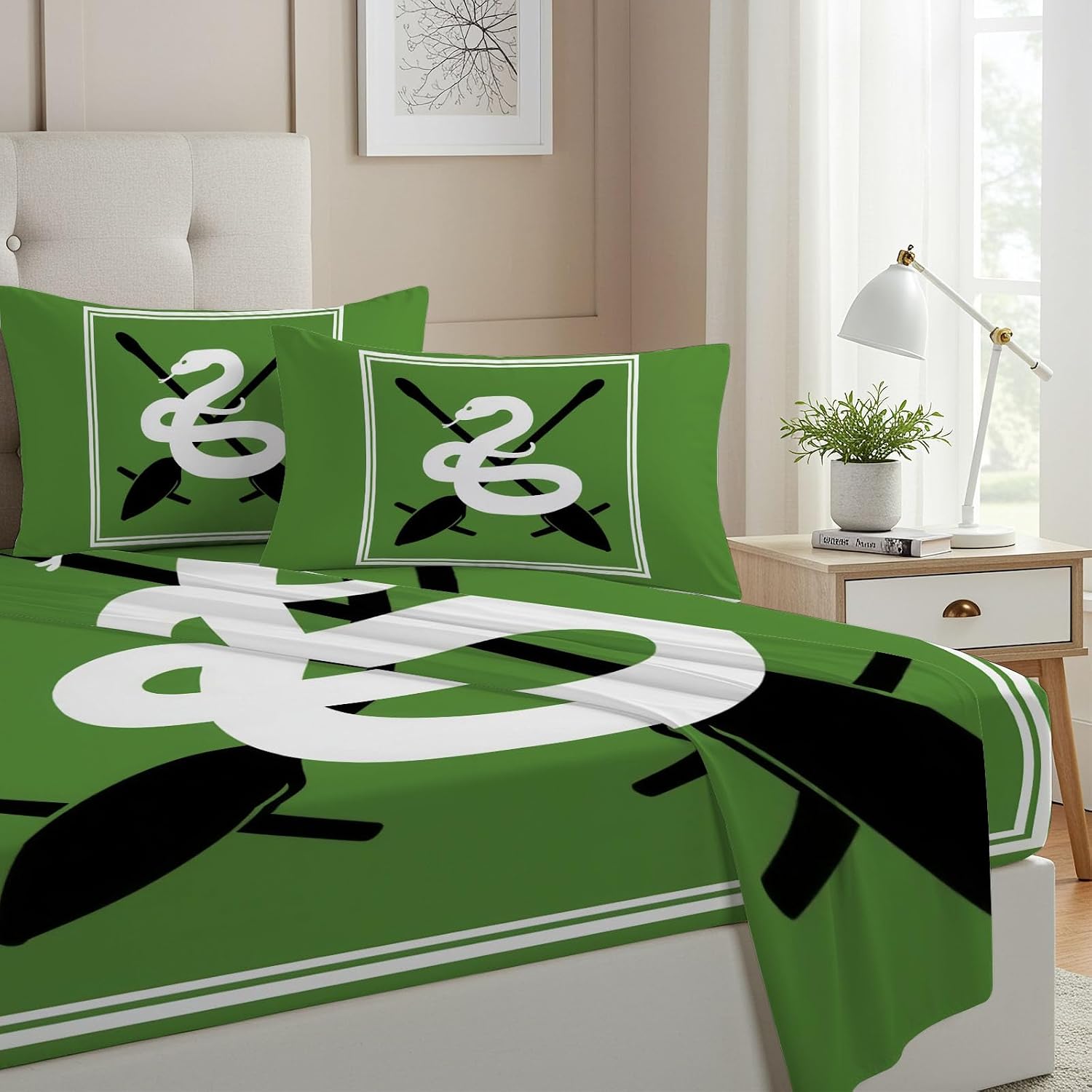 Allenjoy Green Snake Mysterious Magic Sheets Set with Fitted Sheet, Flat Sheet and 2 Pillowcases for Girls Teens Women Fans Daughter Bedding Bedroom Decor, Queen Size