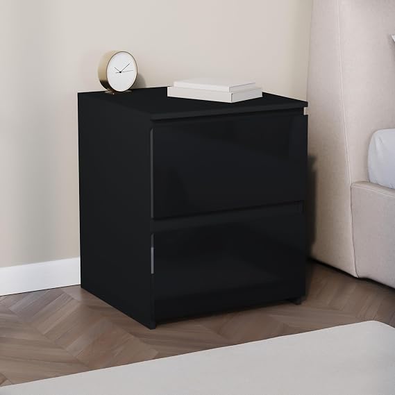 VIDA DESIGNS Glinton 2 Drawer Bedside Table | Black | 51.5H x 43W x 40D cm | Stylish High-Gloss | Compact Space-Saving Nightstand | Engineered Wood | Smooth Glide Drawer | Ideal for Bedroom Guest Room