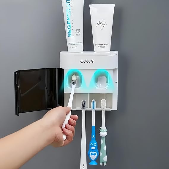 Automatic Toothpaste Dispenser Wall Mounted - Double Pump for Kids/Adults - Hands-Free Toothbrush Holder and Dispenser Set - Easy Install - Hygienic Bathroom Organisation - Sleek Space-Saving Design