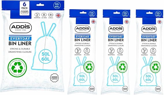 Addis 50–60L Kitchen Bin Liners, Strong Drawstring Bin Bags, 90 Bags
