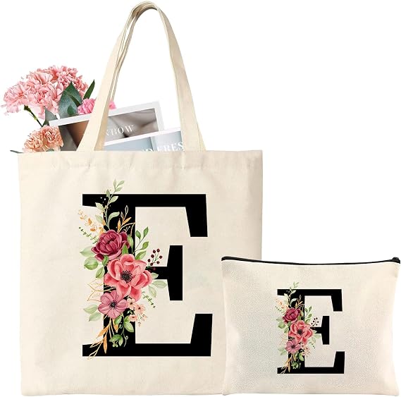 Personalized Initial Cotton Tote Bag, Canvas Reusable Shopping Bags with Makeup Bags, Gifts for Women, Mom, Teachers, Nurses, Best Friends, Bridesmaids, Monogrammed Gifts for Wedding, Birthday(E)