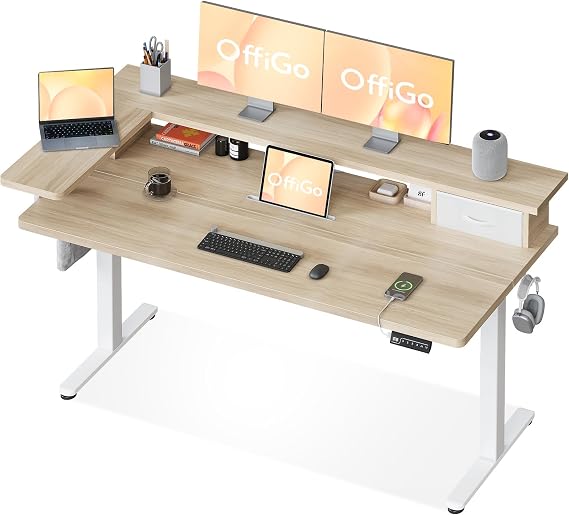 OffiGo Standing Desk with Drawers & Monitor Stand, USB Port, 140cm Beige | Electric Height Adjustable Sit Stand Desk with Storage, Ergonomic Computer Workstation for Home Office, Study and Bedroo
