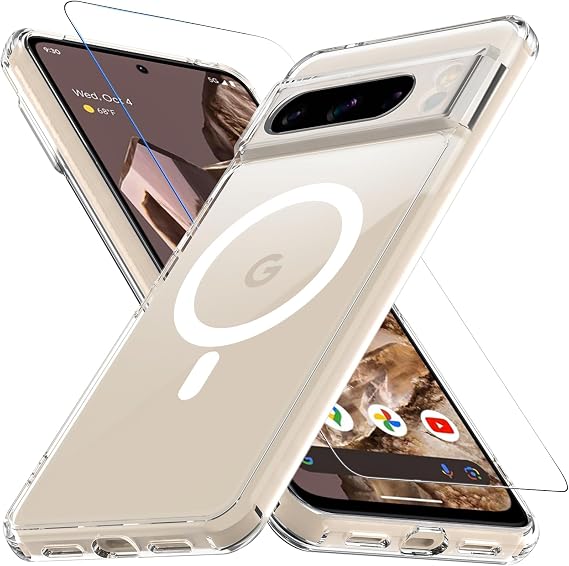 Google Pixel 8 Pro用磁気ケース スクリーンプロテクター付き 軍用グレードの落下保護 - スリム耐衝撃携帯電話カバー、スリム半透明マット6.7インチ-クリア