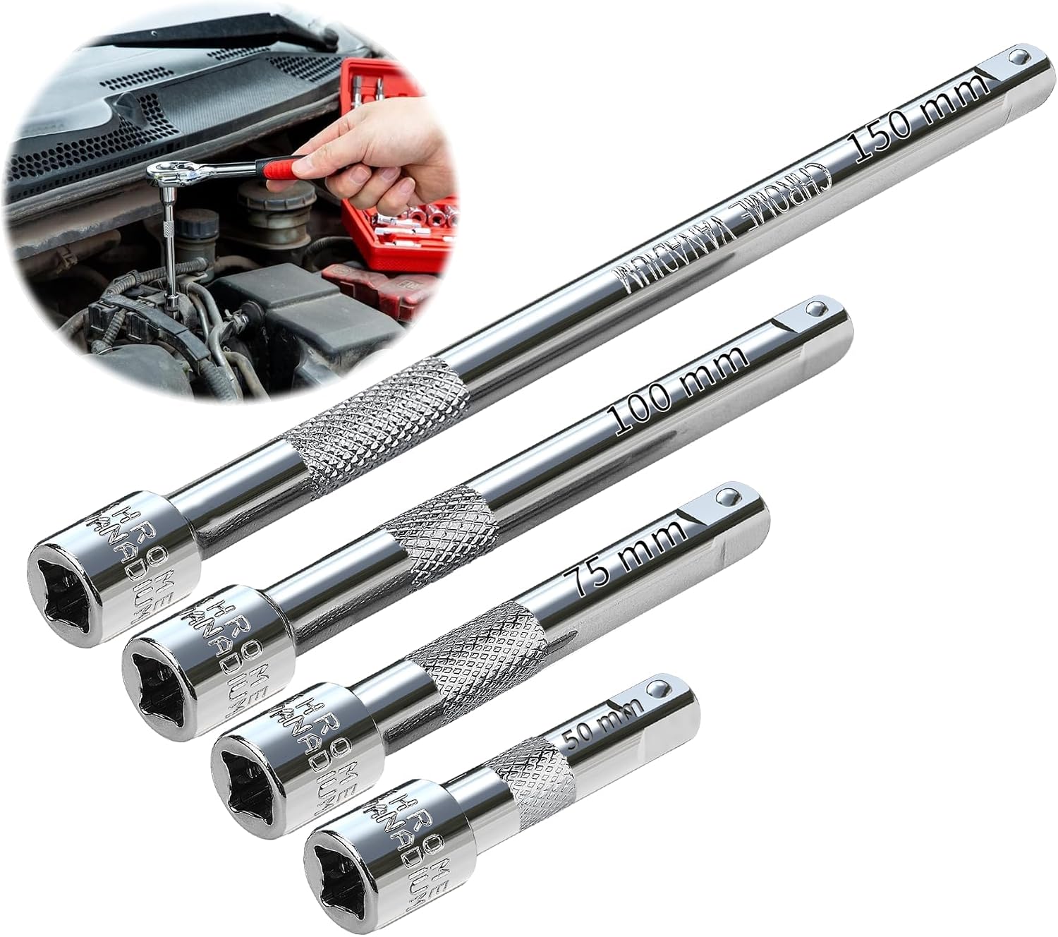 1/4 Drive Socket Extensions - 4pc Set, 50mm, 75mm, 100mm, 150mm CR-V Steel Wrench Extender for Socket Wrench Ratchet