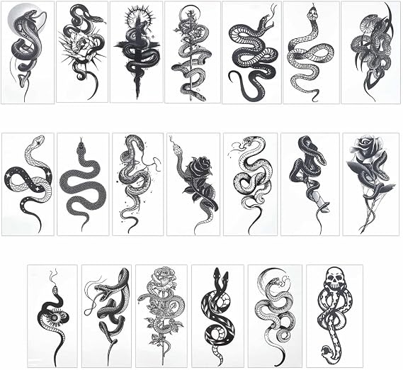 CRASPIRE 20 Sheets Hallowmas Snake Temporary Tattoos Gothic Black Rose and Snake Temporary Tattoo Stickers Waterproof Arm Neck Makeup Cosmos Tattoos Paper Stickers for Body Arm Neck Back Art