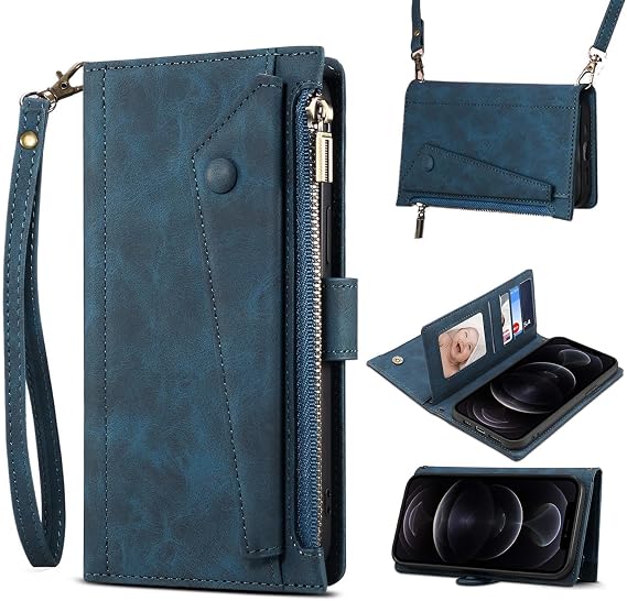 Wallet Case for Google Pixel 10 Crossbody with Wrist Strap and [RFID Blocking] Credit Card Holder, PU Leather Flip Zipper Cover, Blue