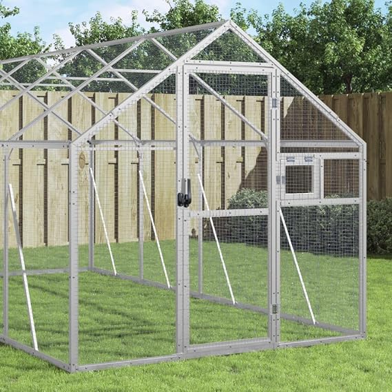 Aluminium Aviary Silver 1.79x4x1.85 m Bird Cage with Lockable Door and Window, Sturdy Frame and Wire Mesh Grid for Parrots Budgies, Ample Activity Room for Small Animals