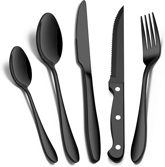Joyfair 30 Pcs Cutlery Set with Steak Knives for 6 People, Black