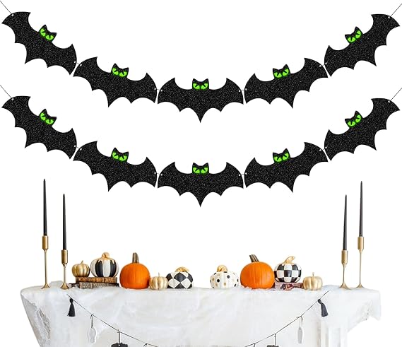 Halloween Banners - 8.2ft Festive Glitter,Glowing Black Bat Banner,for Store Window Street Party Porch Garden Outdoor Home Festival Event