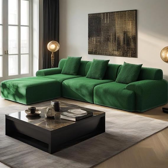 Modular Sectional Sofa, 113" Convertible L-Shape Couch, Modern Cloud Couch with Chaise, Green Comfy Boneless Sofa, No Assembly Required, Accommodating 3-4 People