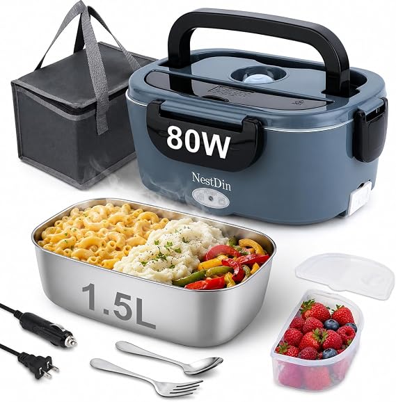 Electric Lunch Box, 80W Heated Lunch Box for Adults, 1.5L Portable Fast Heating Food Warmer for Car/Truck/Work/Travel, 12/24/110V Lonchera Eléctrica Portátil